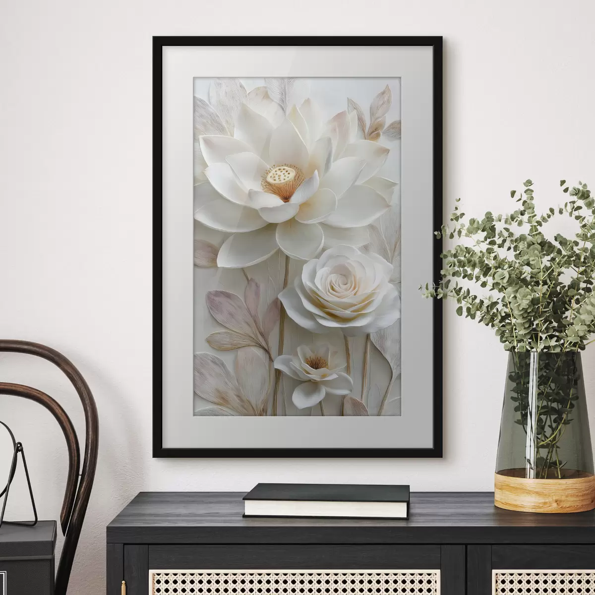 Poster Lotus- und Rosenblüten in zarten Cremetönen im Ölgemälde-Stil f48214