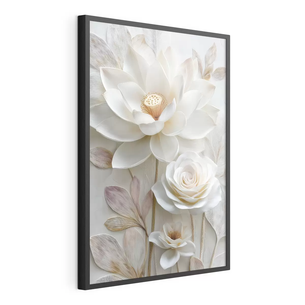 Poster Lotus- und Rosenblüten in zarten Cremetönen im Ölgemälde-Stil f48214