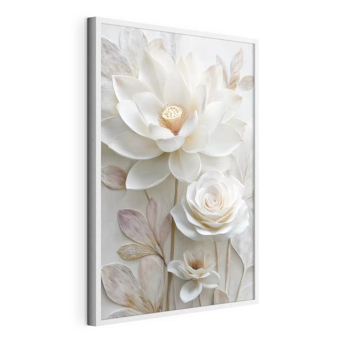 Poster Lotus- und Rosenblüten in zarten Cremetönen im Ölgemälde-Stil f48214