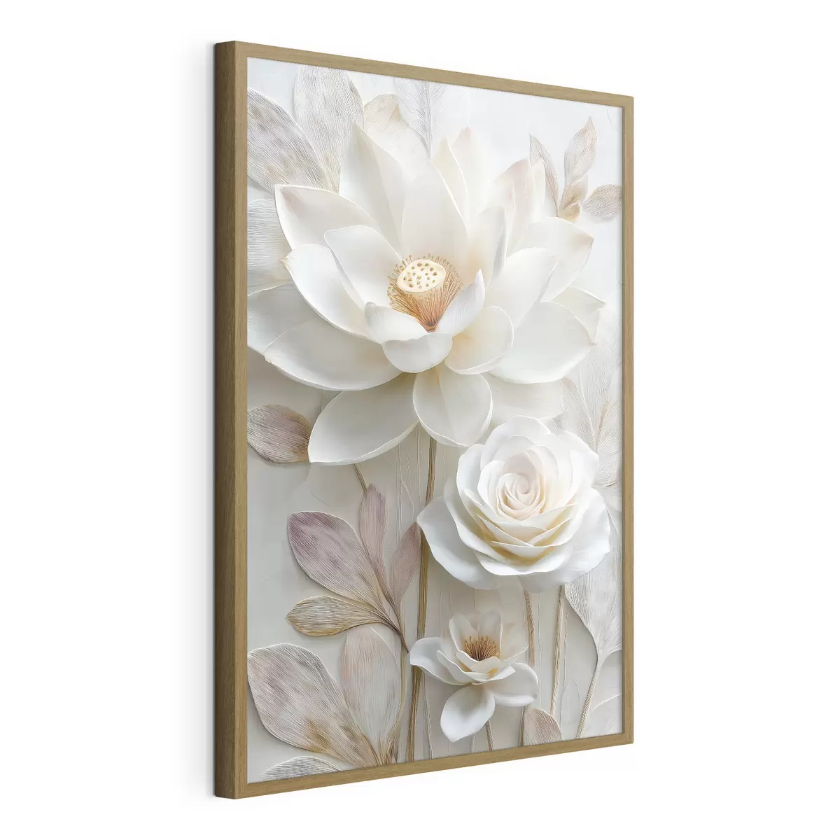 Poster Lotus- und Rosenblüten in zarten Cremetönen im Ölgemälde-Stil f48214