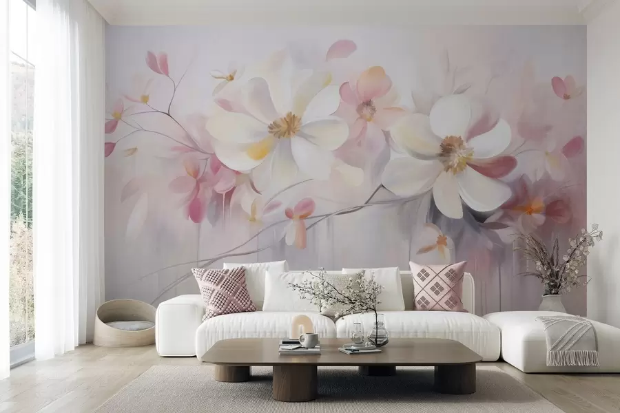 Fototapete Weiße und rosa Blumen mit zarten Blütenblättern, strukturierte Kunst, abstrakt, sanfter Hintergrund w09811