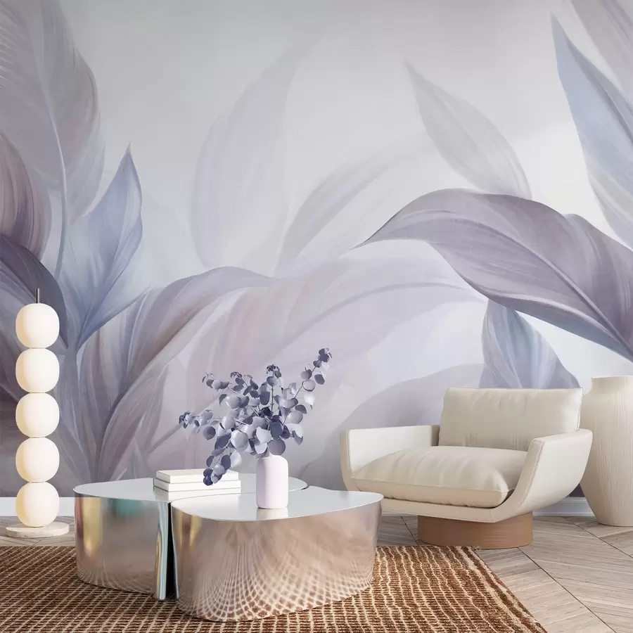 Fototapete Große, hellblaue und violette tropische Blätter in sanften Pastelltönen, strukturierte Kunst w09816v1