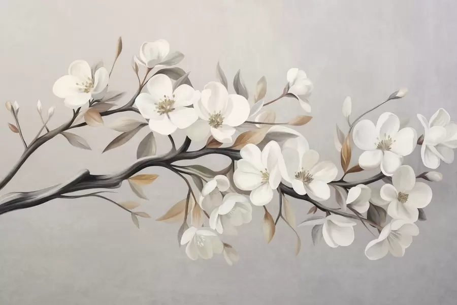 Fototapete Ein strukturierter Ast mit weißen Blüten und braunen Blättern vor einem hellgrauen Hintergrund w09817