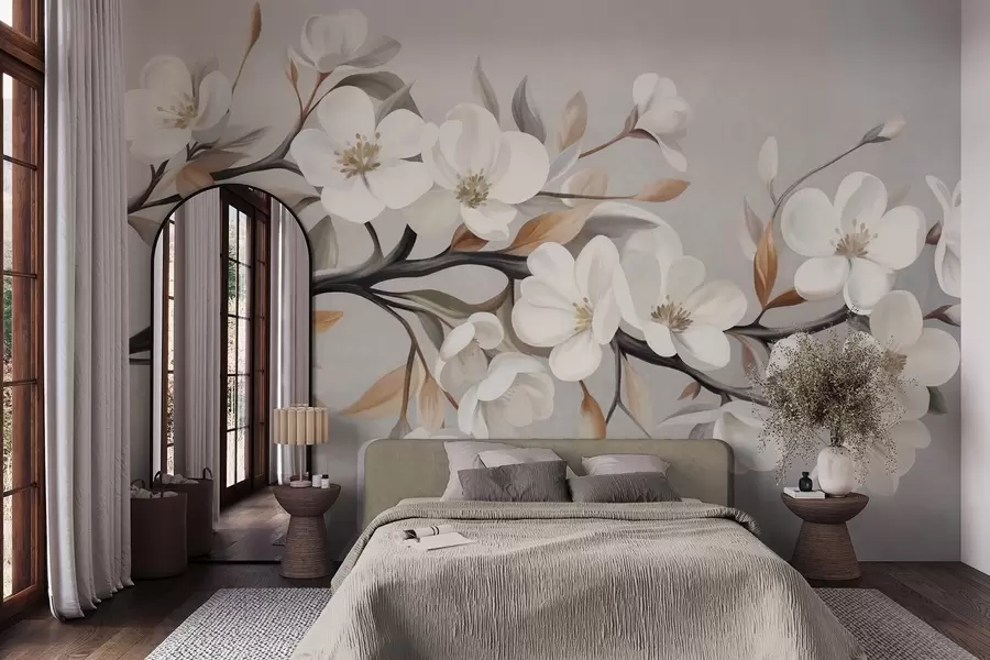 Fototapete Ein strukturierter Ast mit weißen Blüten und braunen Blättern vor einem hellgrauen Hintergrund w09817