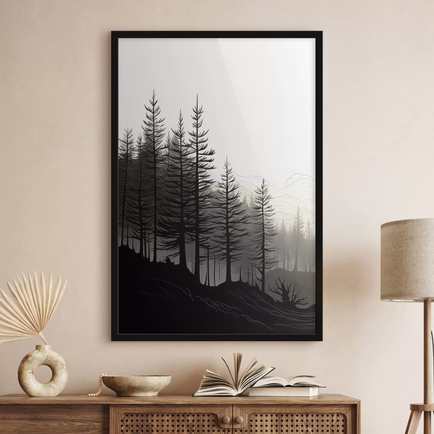 Fototapete Nebelverhangener Wald, Schwarz-Weiß-Landschaft f48573