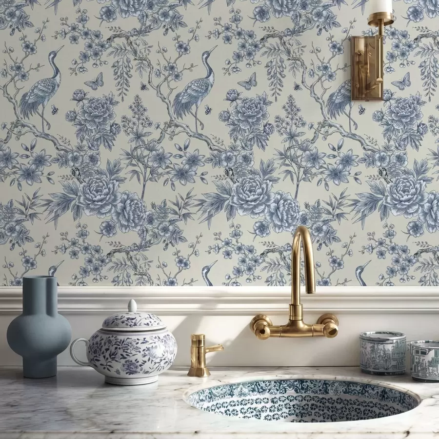 Fototapete Blaues Blumenornament mit Vogel und Zweigen a01132