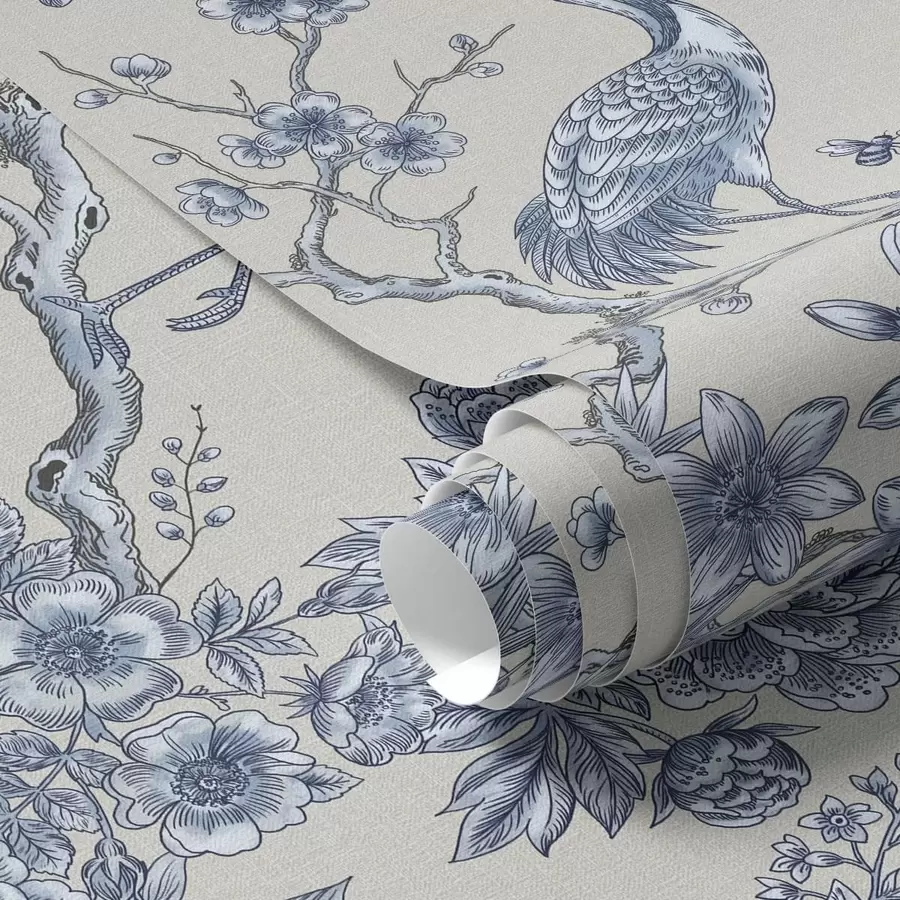 Fototapete Blaues Blumenornament mit Vogel und Zweigen a01132
