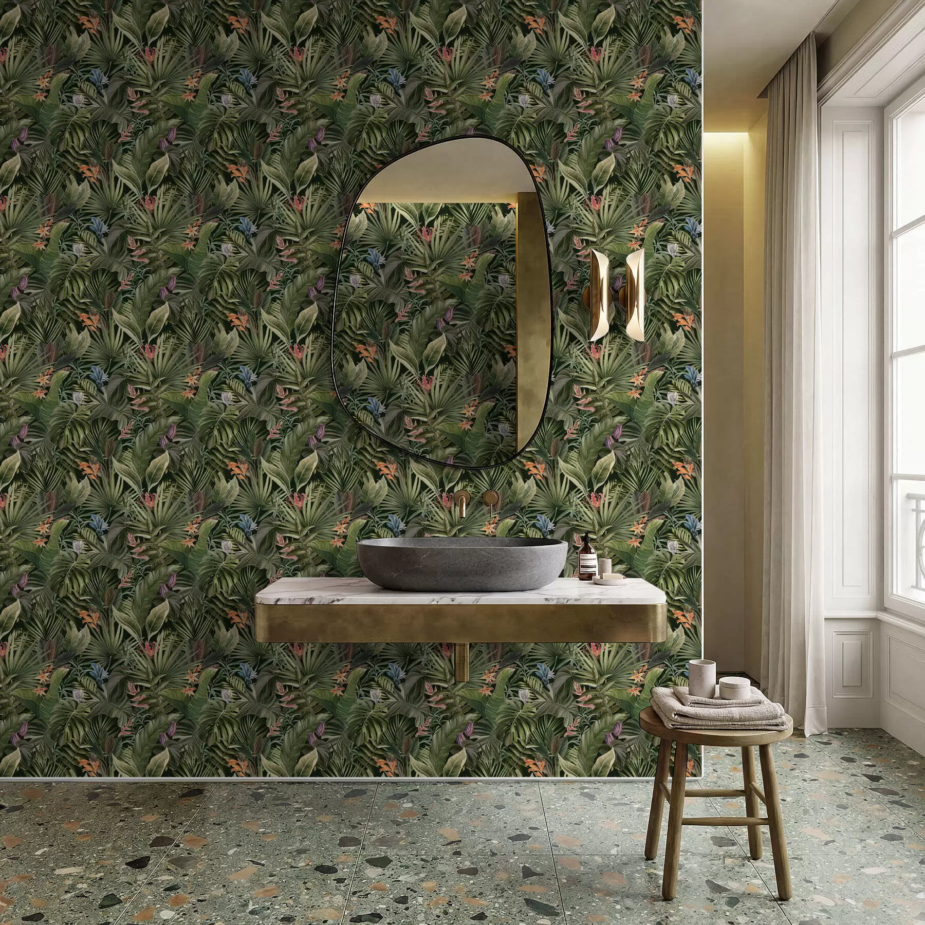 Fototapete Tropische Blätter mit Blüten auf dunklem Hintergrund a01153