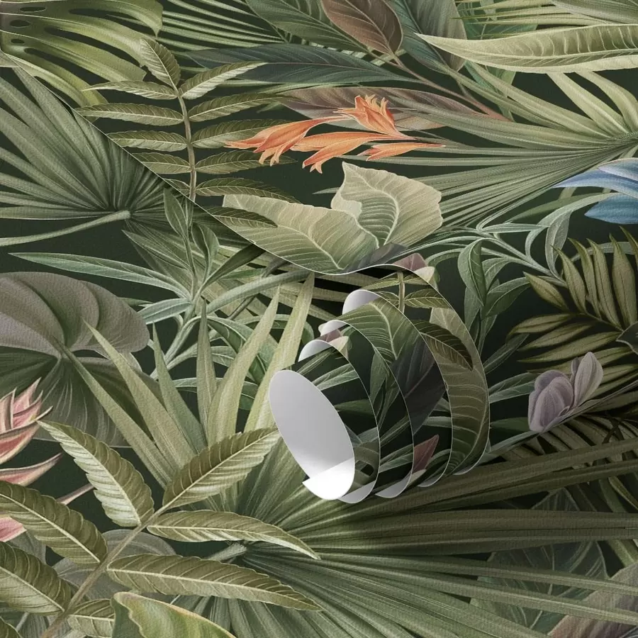 Fototapete Tropische Blätter mit Blüten auf dunklem Hintergrund a01153
