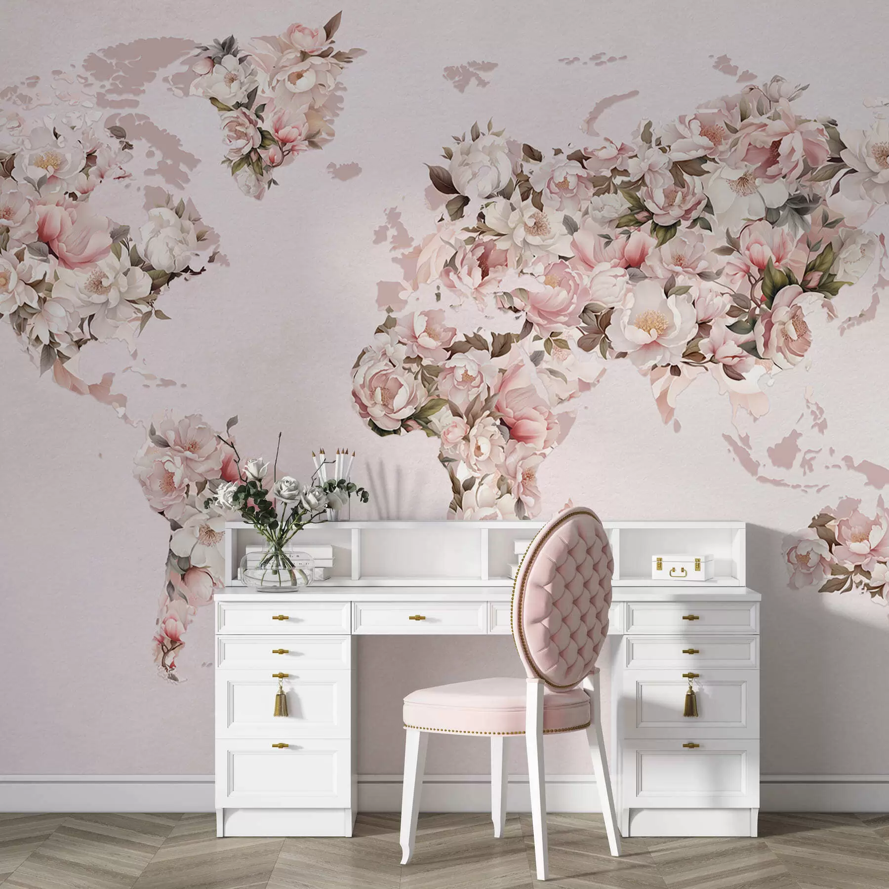 Fototapete Eine rosa Weltkarte aus großen weißen und rosa Pfingstrosen c00005