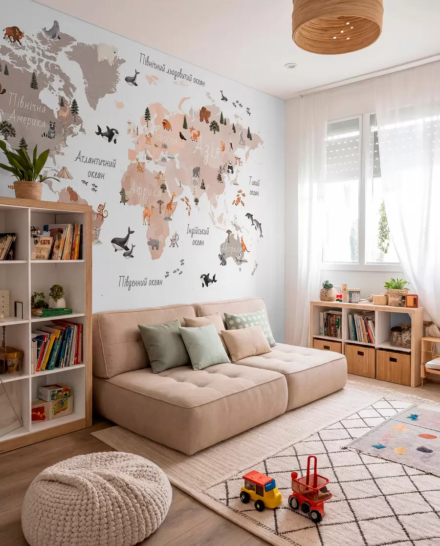 Fototapete Eine Karte im Aquarellstil in Beige mit Tieren, Pflanzen und architektonischen Motiven. Beschriftungen auf Ukrainisch c00009ukv3