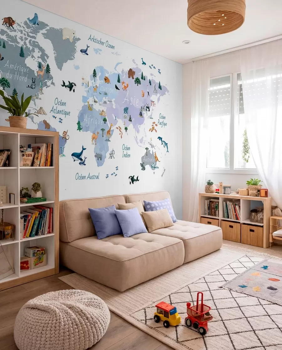 Fototapete Eine Karte im Aquarellstil in Blau mit Tieren, Pflanzen und architektonischen Motiven. Beschriftungen auf Französisch c00009frv1