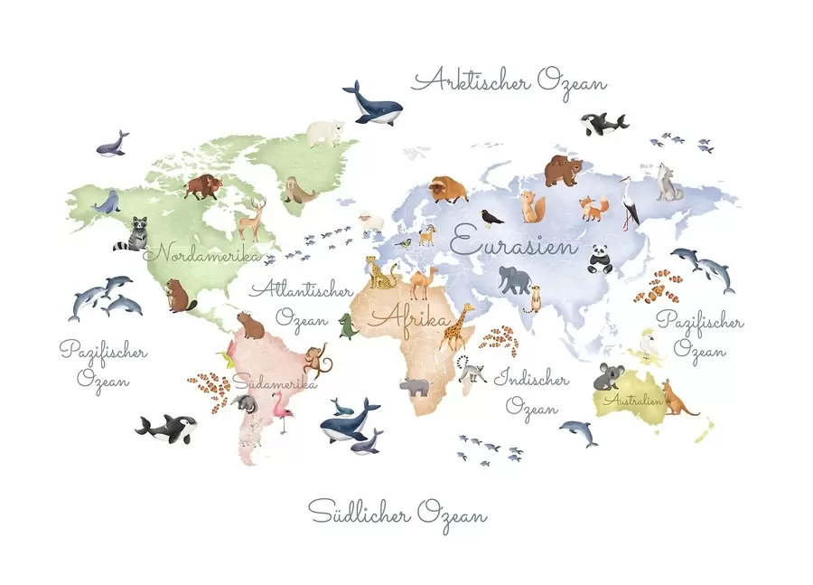 Fototapete Eine Karte im Aquarellstil mit Tieren. Beschriftungen auf Deutsch c00012de