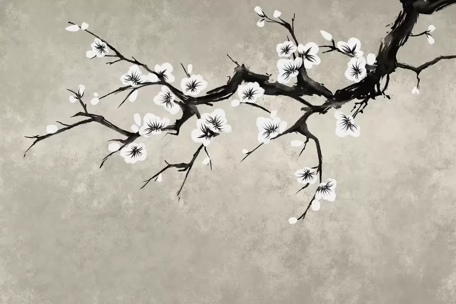 Fototapete Zweig mit weißen Blüten im minimalistischen Stil w05425