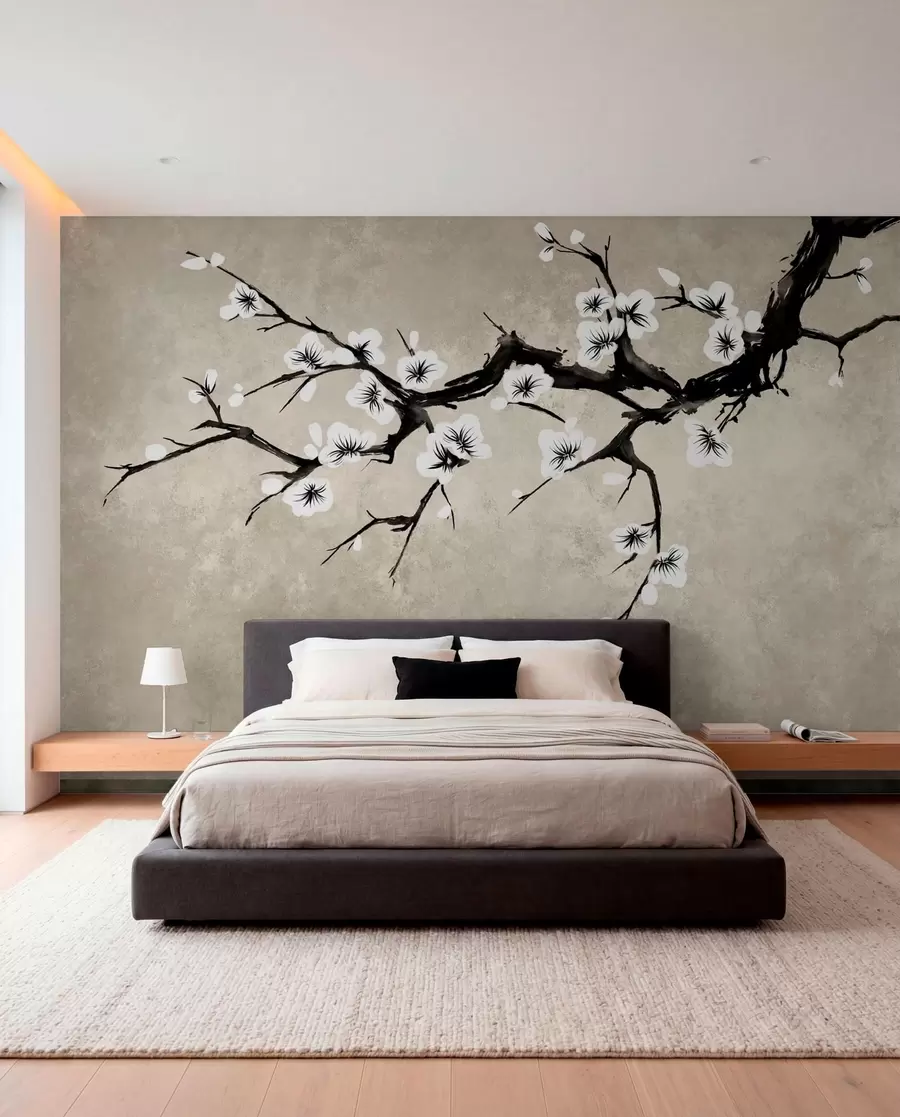Fototapete Zweig mit weißen Blüten im minimalistischen Stil w05425