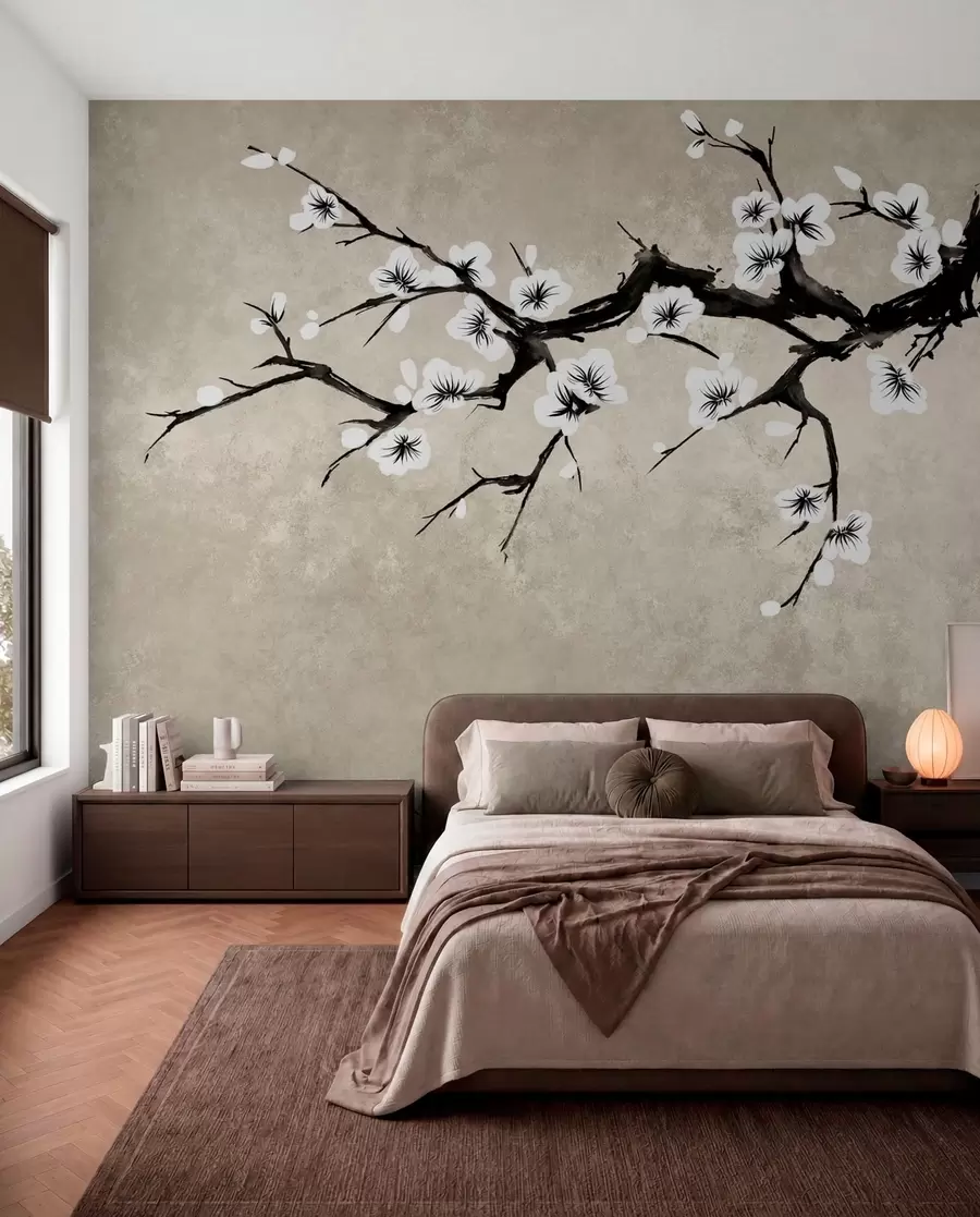Fototapete Zweig mit weißen Blüten im minimalistischen Stil w05425