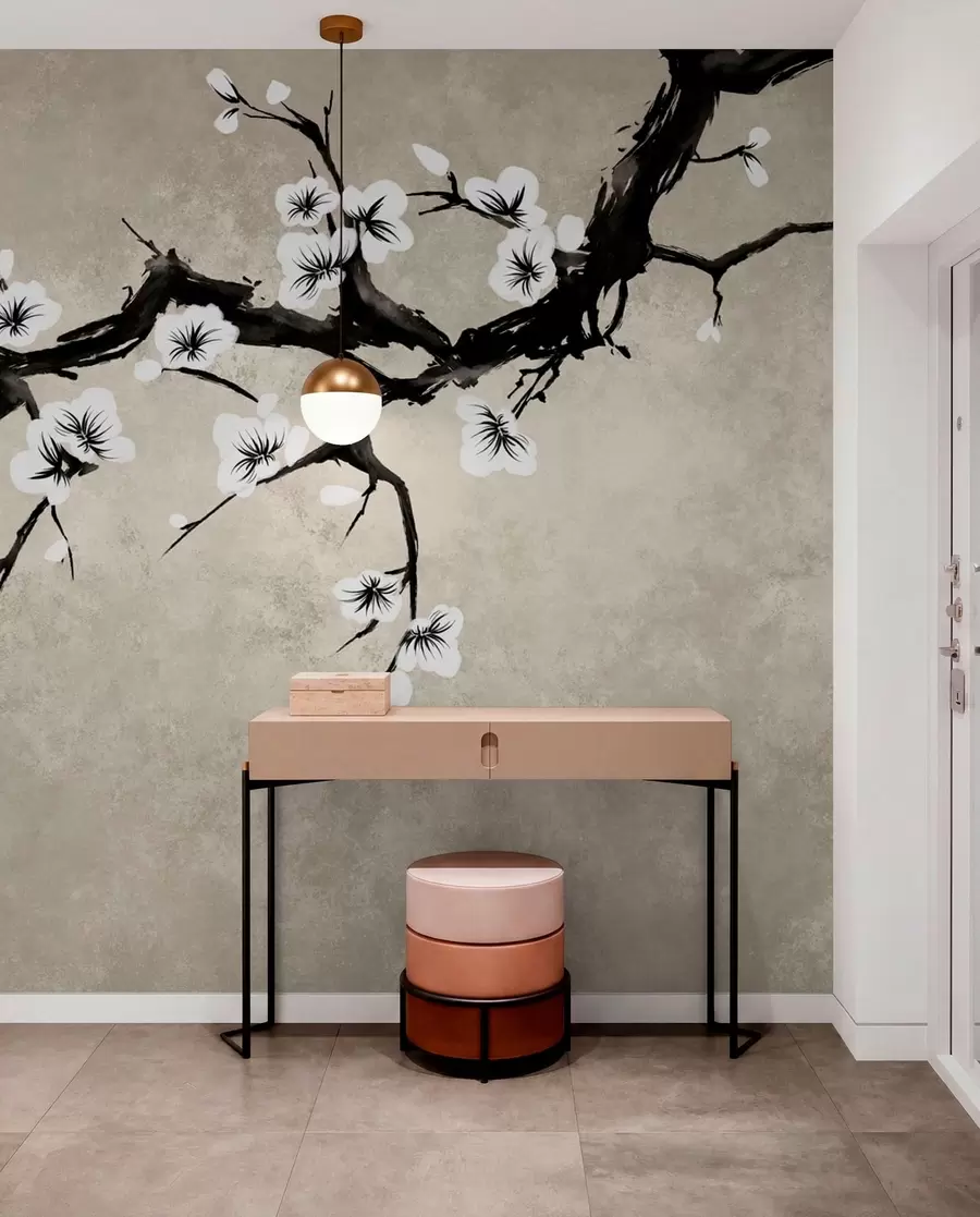 Fototapete Zweig mit weißen Blüten im minimalistischen Stil w05425