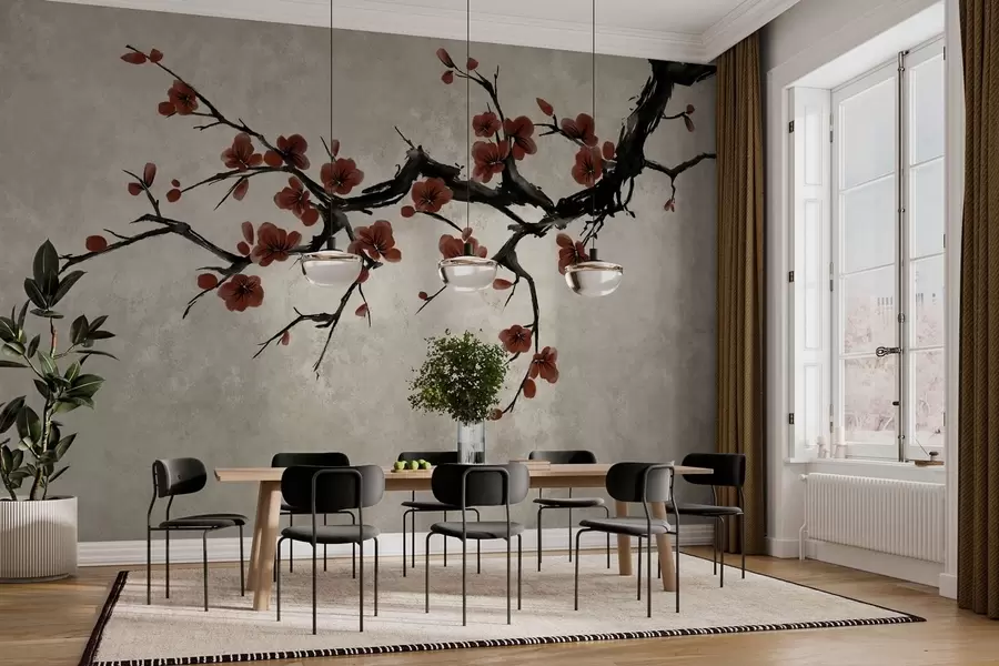 Fototapete Zweig mit dunkelroten Blüten vor neutralem Hintergrund w05425v1