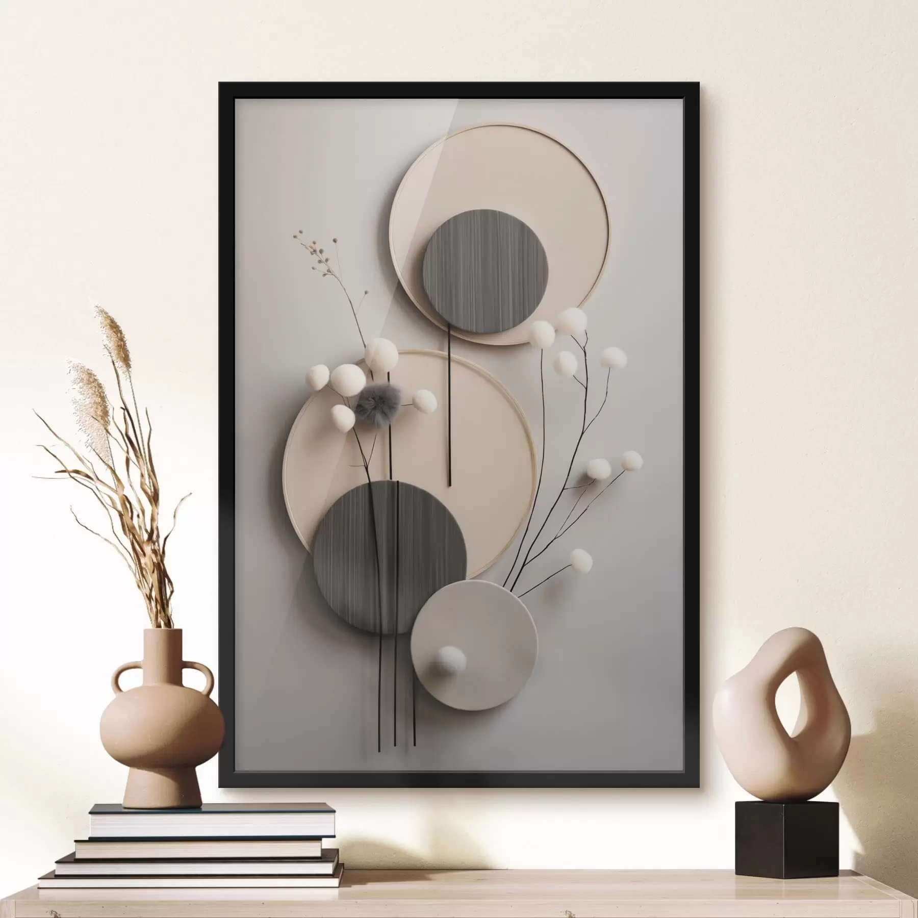 Fototapete Runde Paneele mit trockenen Zweigen und weichen Kugeln f48601