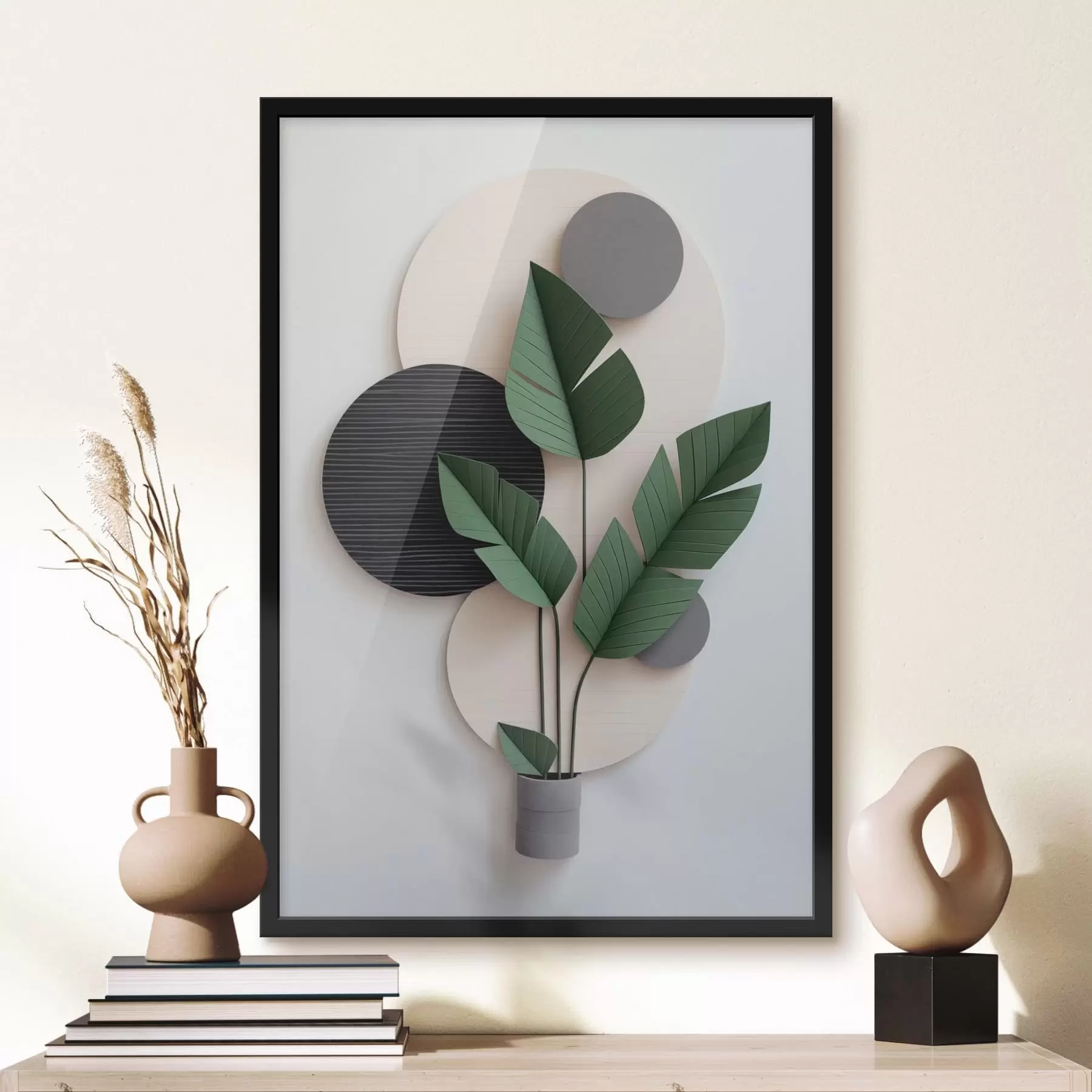 Fototapete Minimalistisches Layout mit geometrischen Kreisen und grünen Blättern f48607