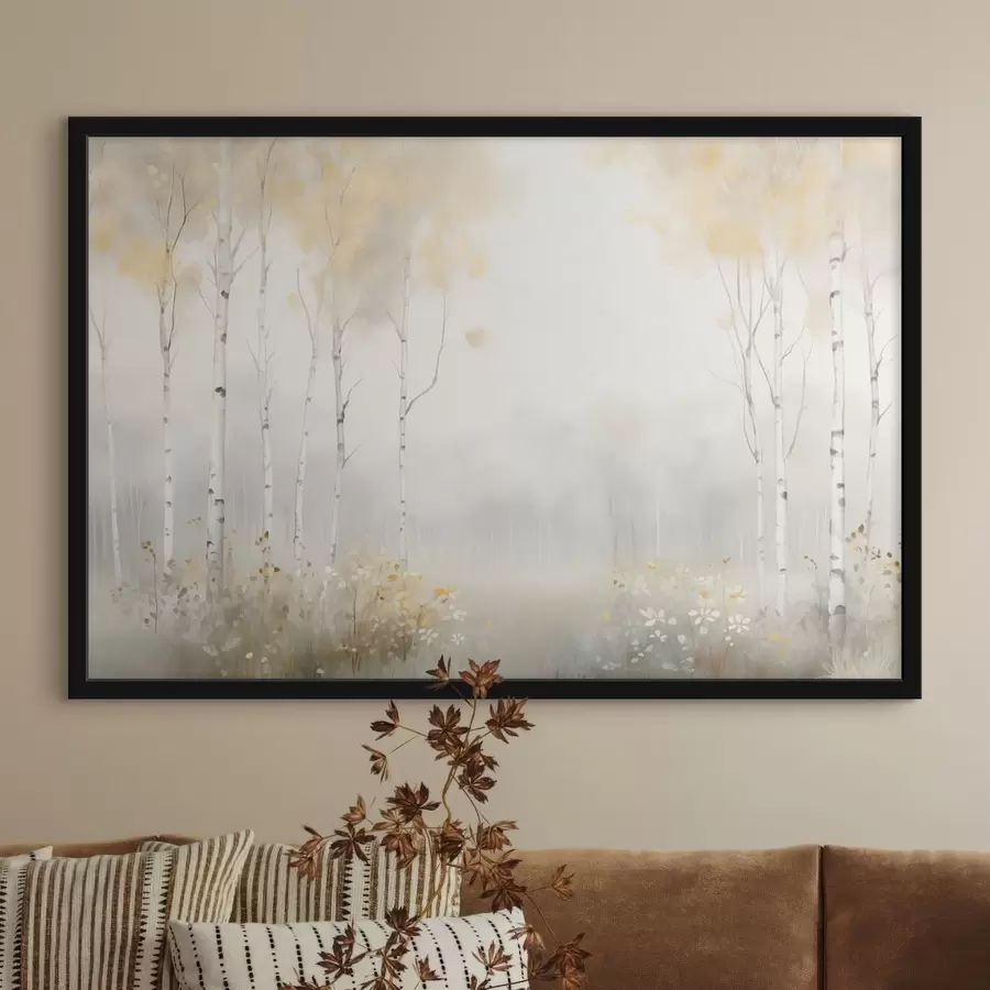 Fototapete Ein Wald aus schlanken Bäumen im Nebel, sanfte Lichttöne f48623