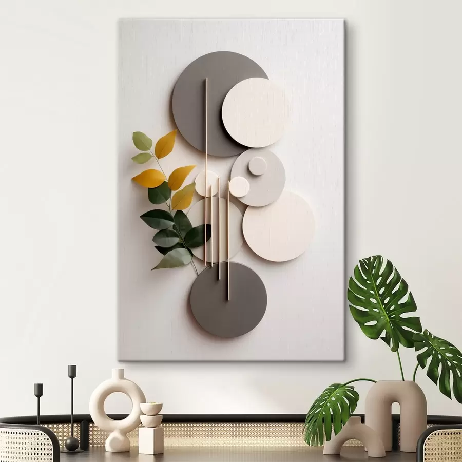 Fototapete Geometrische Kreise mit einem grünen, belaubten Zweig s48598