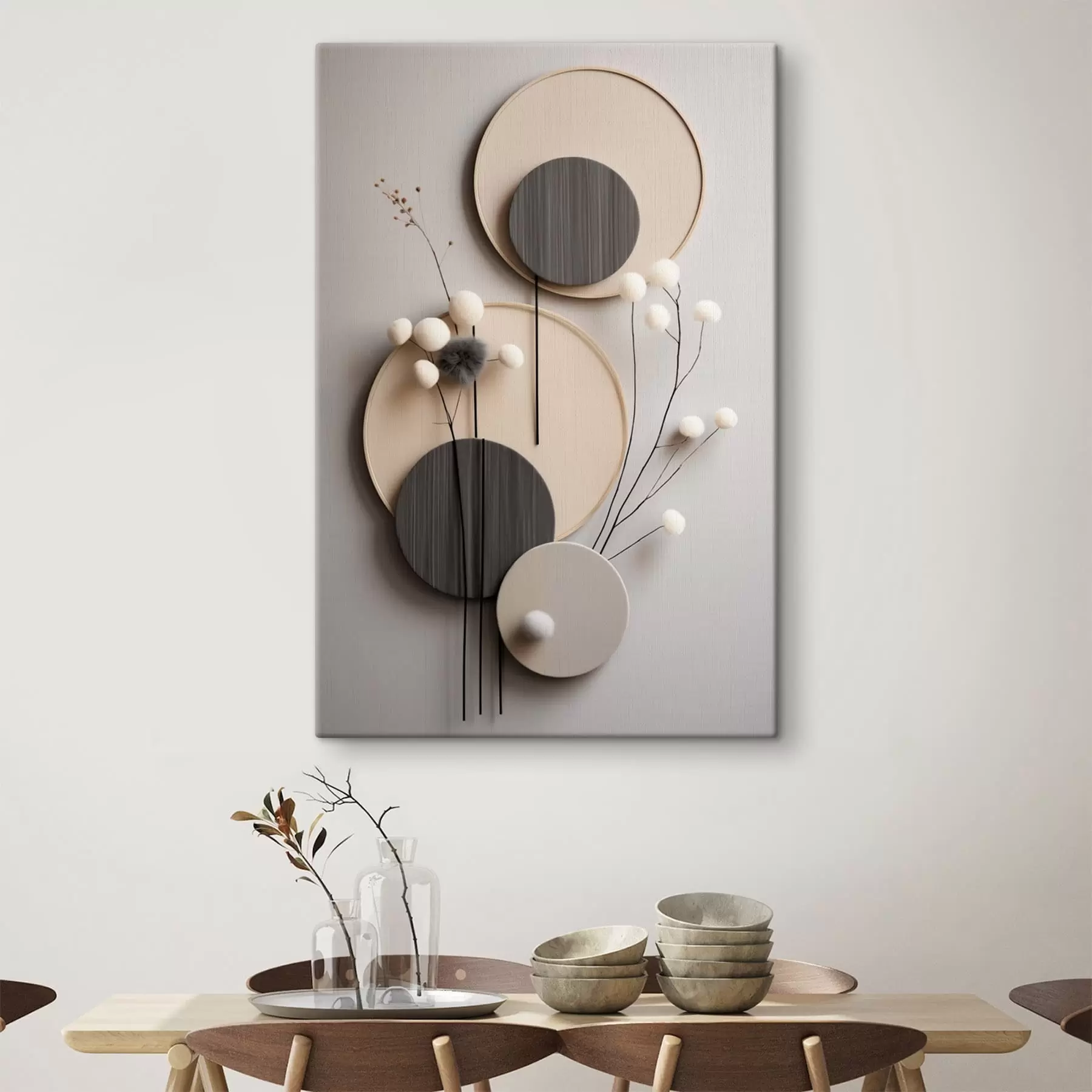 Fototapete Runde Paneele mit trockenen Zweigen und weichen Kugeln s48601