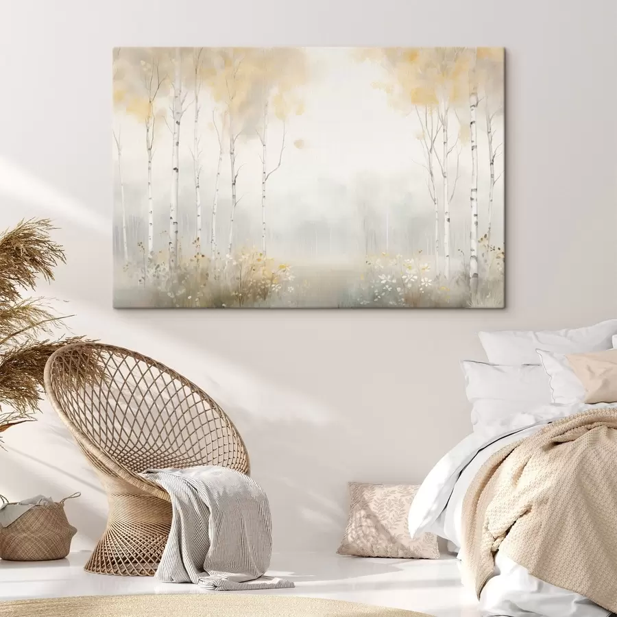 Fototapete Ein Wald aus schlanken Bäumen im Nebel, sanfte Lichttöne s48623