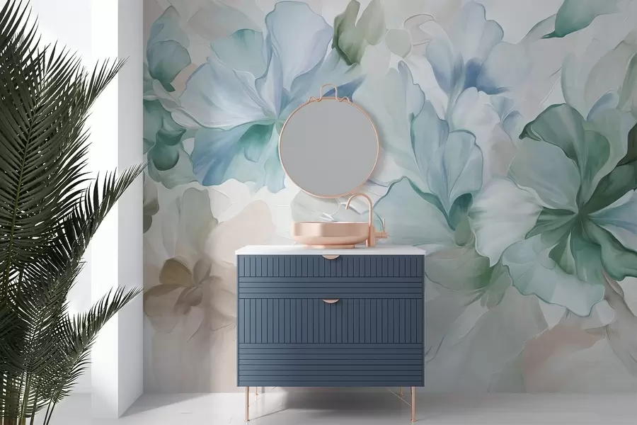 Fototapete Abstrakte Fantasieblumen in Grün-, Blau- und Beigetönen im Malstil, strukturierte Kunst w09767v1