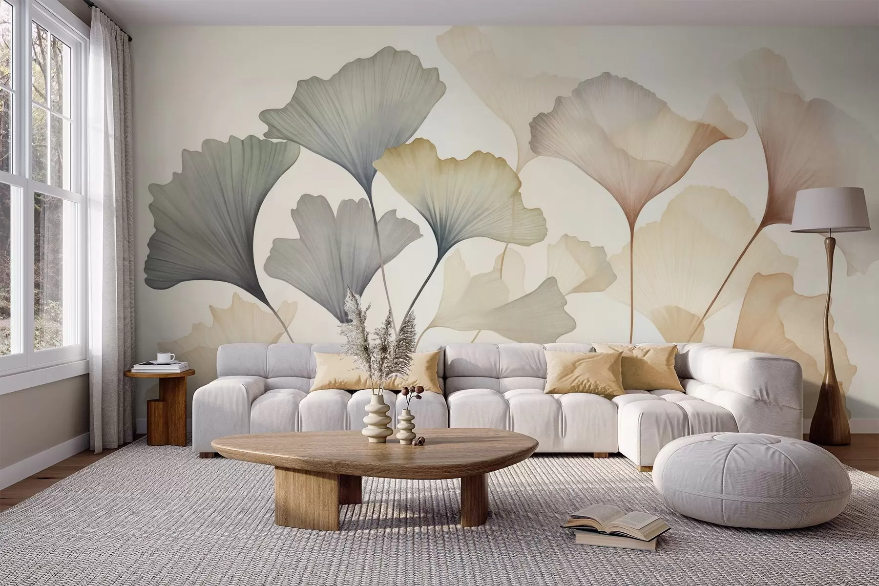 Fototapete Abstrakte Ginkgoblätter in gedeckten Pastelltönen wie Blau, Grün und Pfirsich, strukturierte Kunst w09810