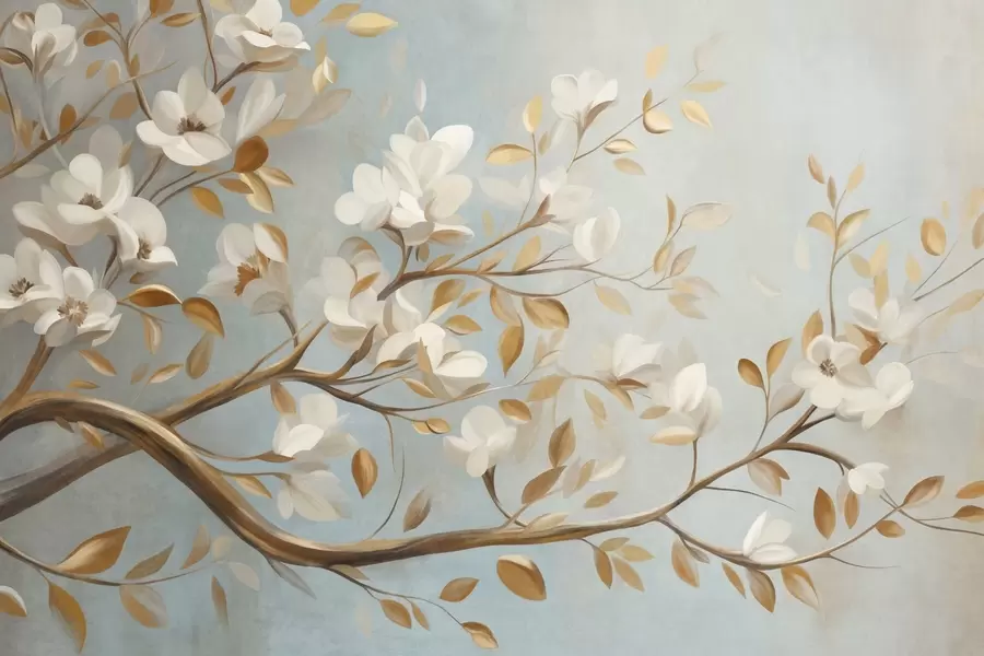 Fototapete Strukturierter Ast mit weißen Blüten und gelben Blättern, im Vintage-Stil w09814