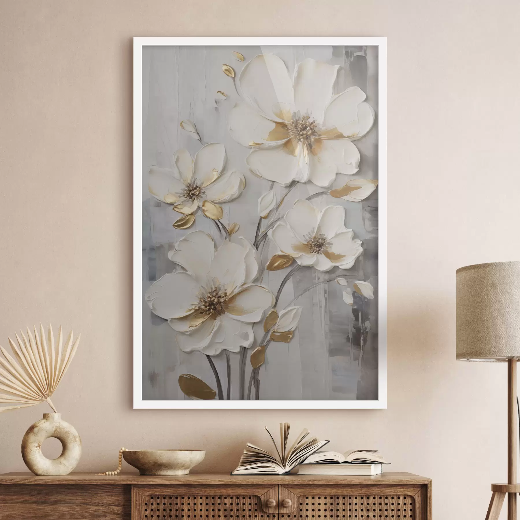 Fototapete Weiße Blumen mit gelben Akzenten auf einem strukturierten Hintergrund f48721