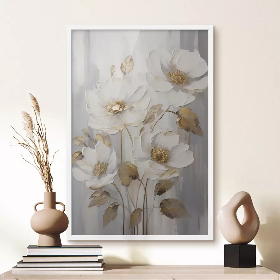 Fototapete Weiße Blumen mit gelben Akzenten auf einem strukturierten Hintergrund f48722