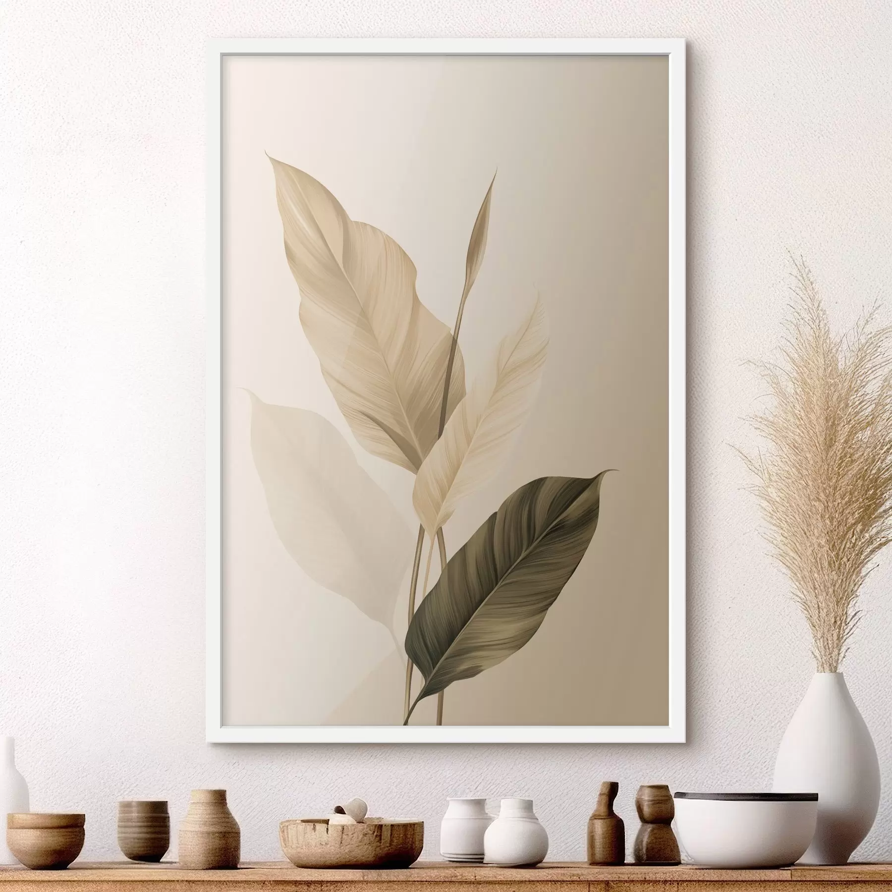 Fototapete Große tropische Blätter in Beige- und Brauntönen, heller Hintergrund f48725