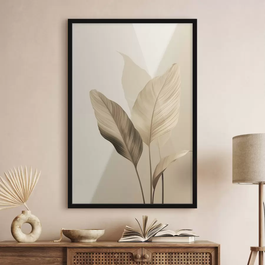 Fototapete Große tropische Blätter in Beige- und Brauntönen, heller Hintergrund f48726