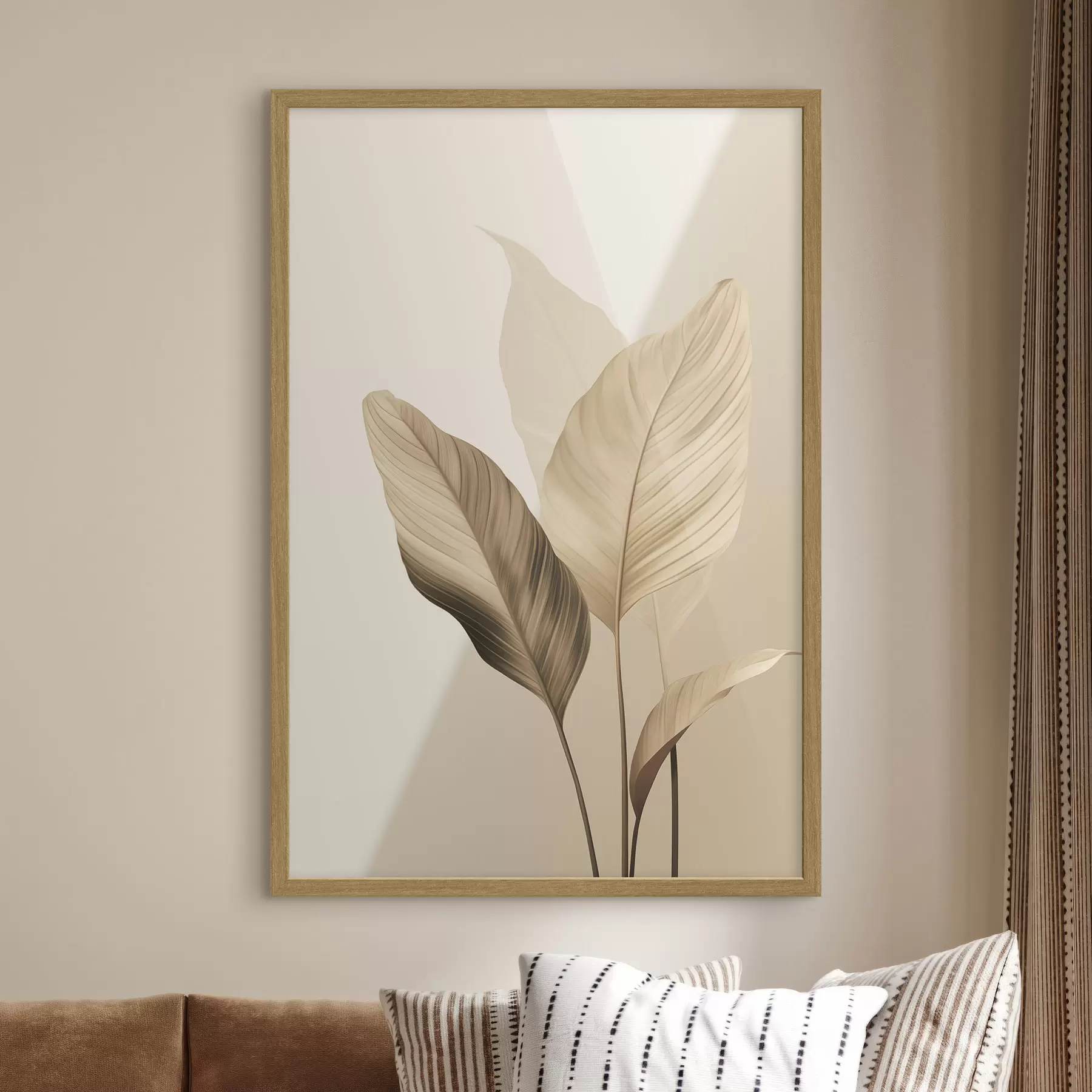Fototapete Große tropische Blätter in Beige- und Brauntönen, heller Hintergrund f48726