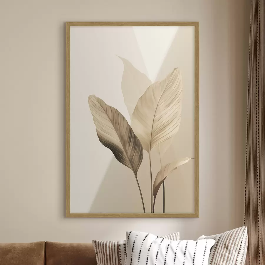 Fototapete Große tropische Blätter in Beige- und Brauntönen, heller Hintergrund f48726