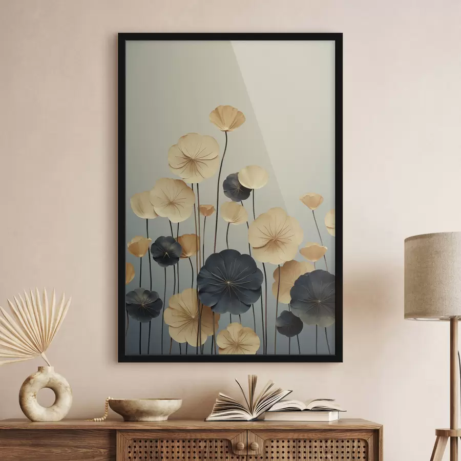 Fototapete Seerosenblätter vor einem gedämpften Hintergrund aus Beige und Dunkelblau f48734