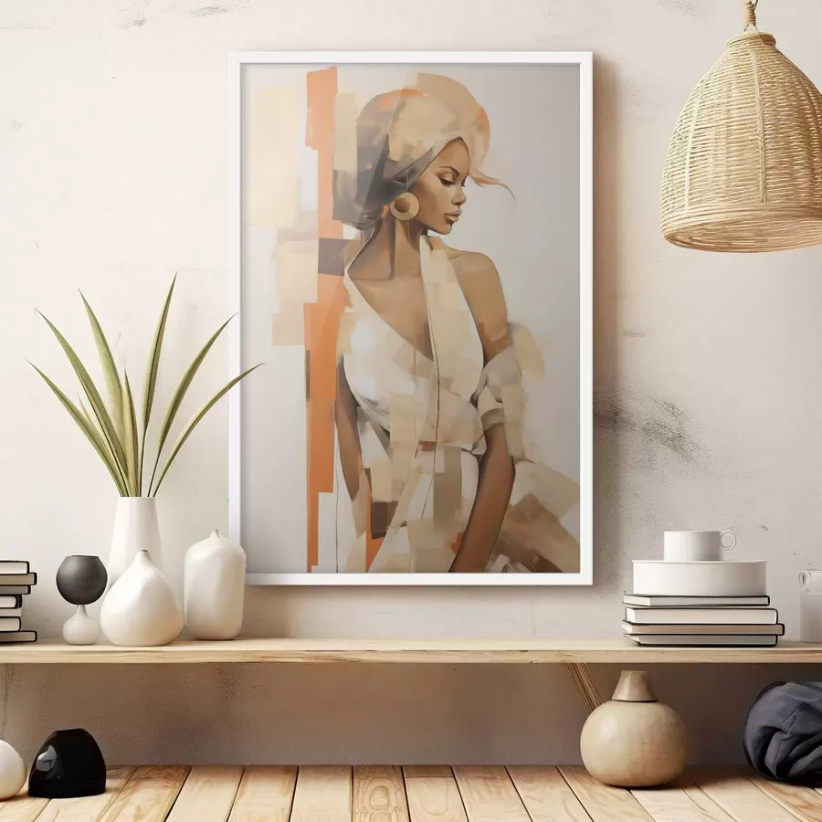 Fototapete Abstraktes Frauenporträt mit orangefarbenen und beigen Formen f48735