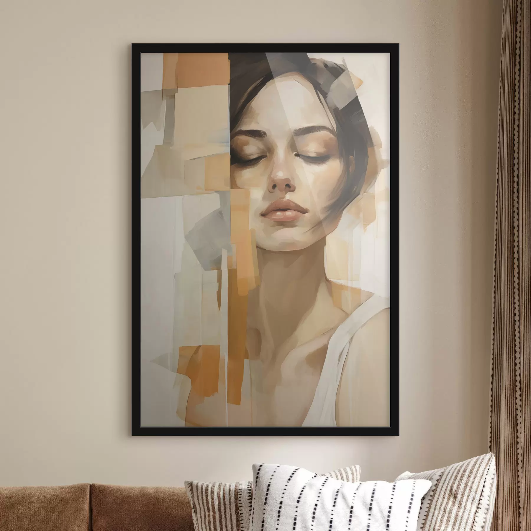 Fototapete Abstraktes Frauenporträt mit orangefarbenen und beigen Formen f48736