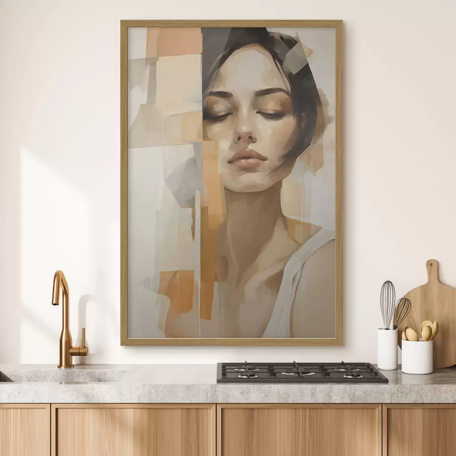 Fototapete Abstraktes Frauenporträt mit orangefarbenen und beigen Formen f48736