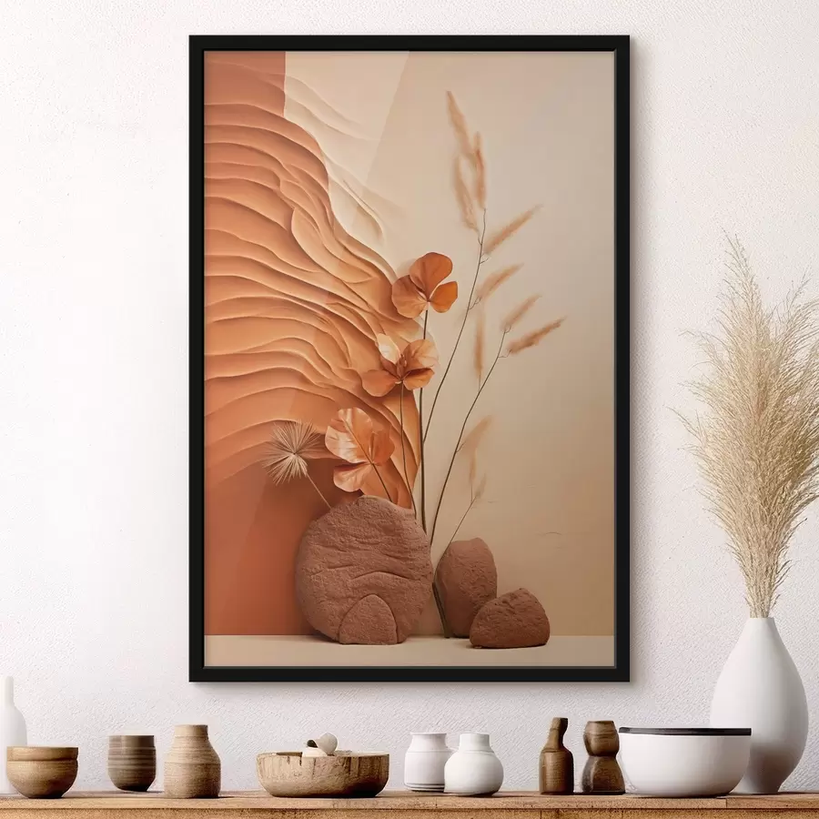 Fototapete Ein minimalistisches Kunstwerk mit Trockenblumen und Pampasgras, strukturierter Hintergrund f48739