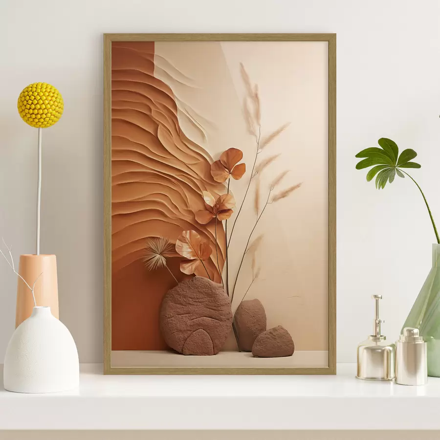 Fototapete Ein minimalistisches Kunstwerk mit Trockenblumen und Pampasgras, strukturierter Hintergrund f48739