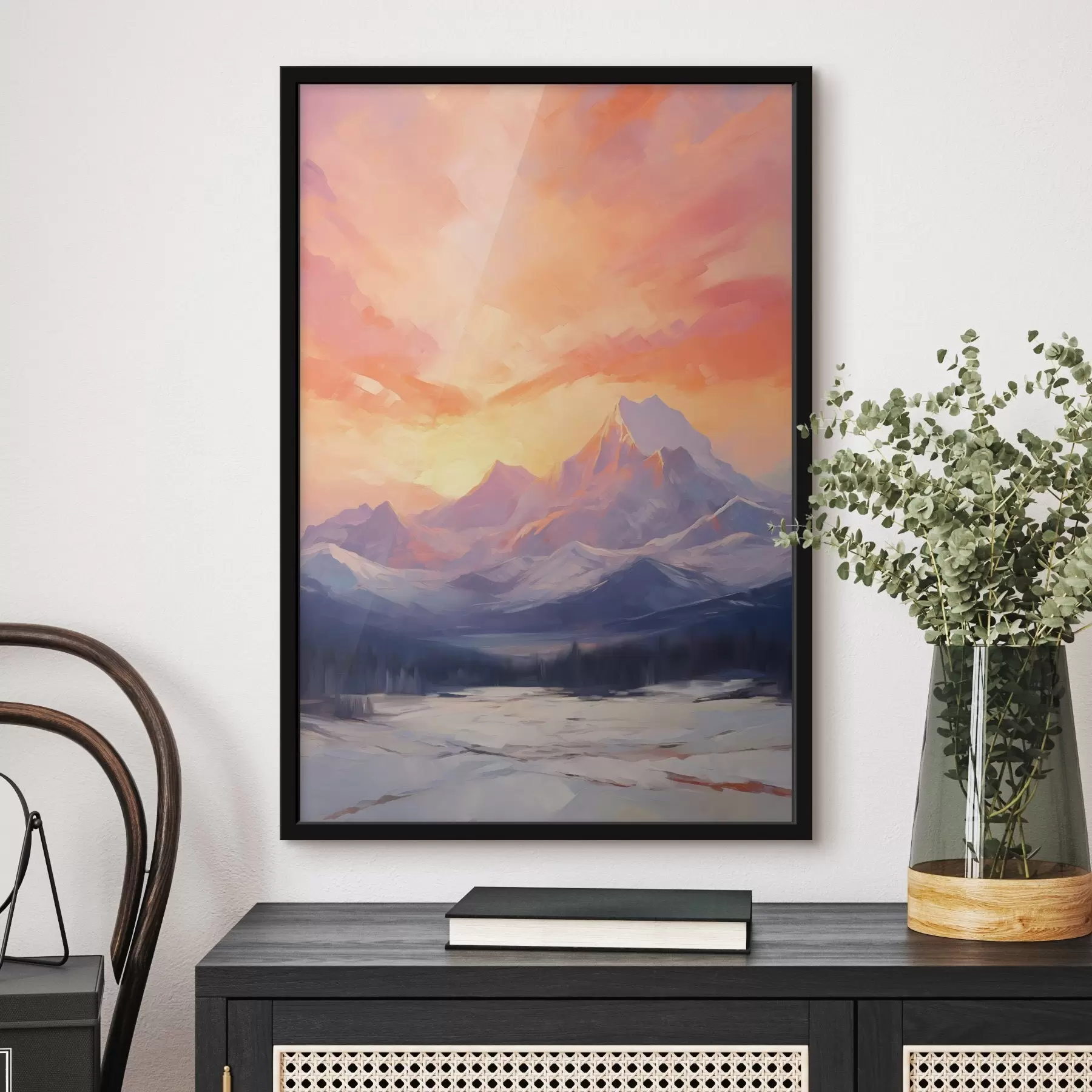 Fototapete Schneebedeckte Berge unter einem leuchtend orange-rosa Himmel mit Wolken f48741