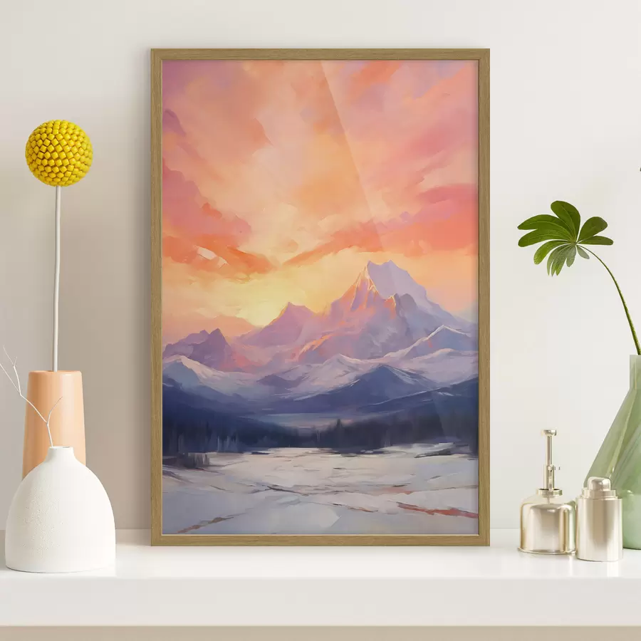 Fototapete Schneebedeckte Berge unter einem leuchtend orange-rosa Himmel mit Wolken f48741