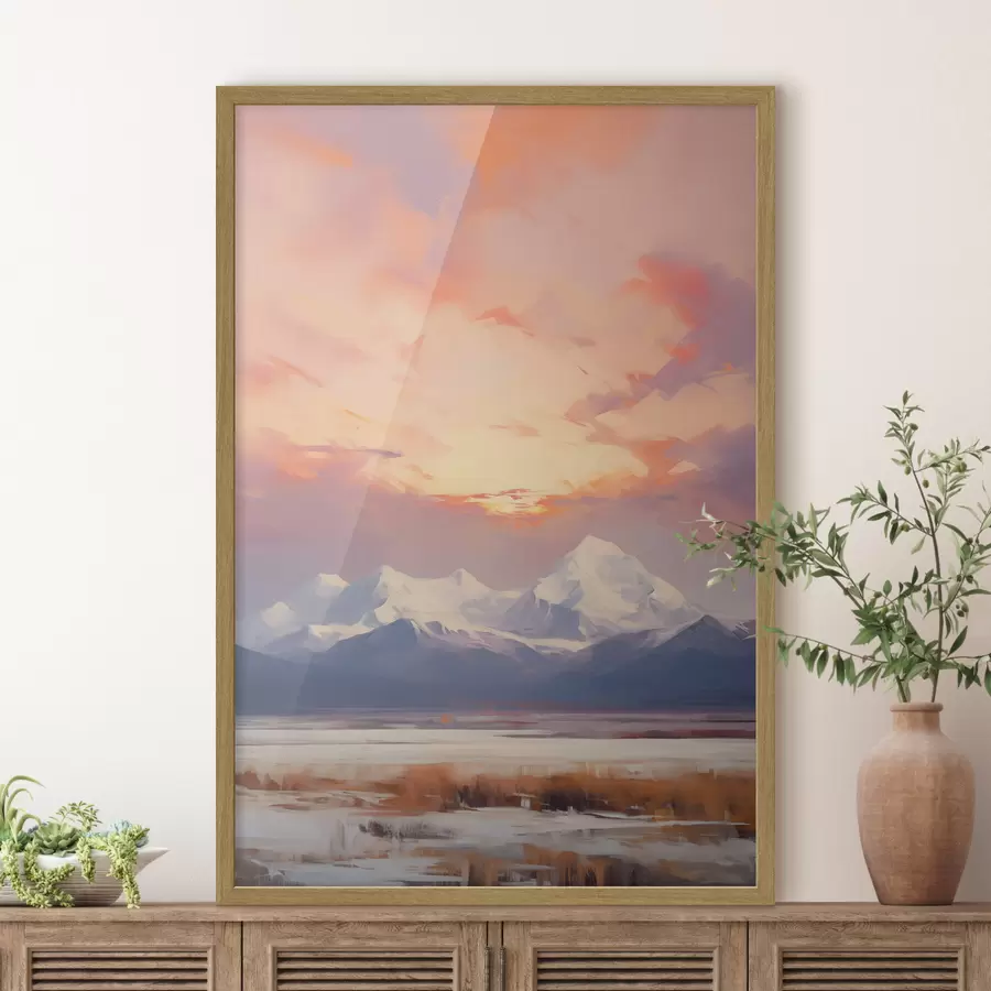 Fototapete Schneebedeckte Berge unter einem leuchtend orange-rosa Himmel mit Wolken f48742