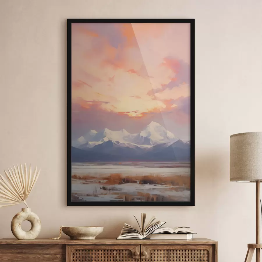 Fototapete Schneebedeckte Berge unter einem leuchtend orange-rosa Himmel mit Wolken f48742