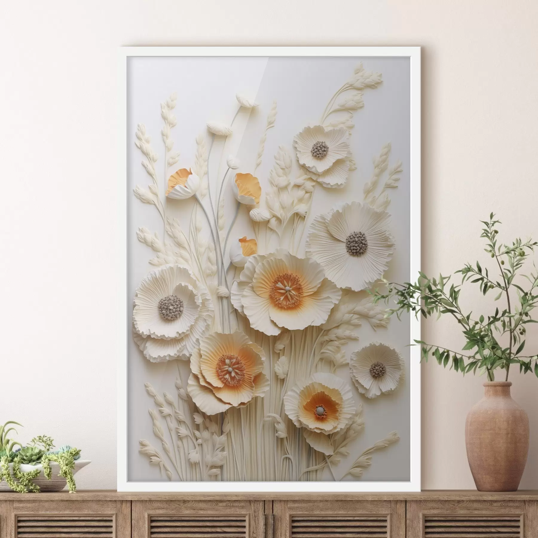 Fototapete Ein Strauß aus cremefarbenen und orangefarbenen Mohnblumen mit getrockneten Weizenhalmen f48747