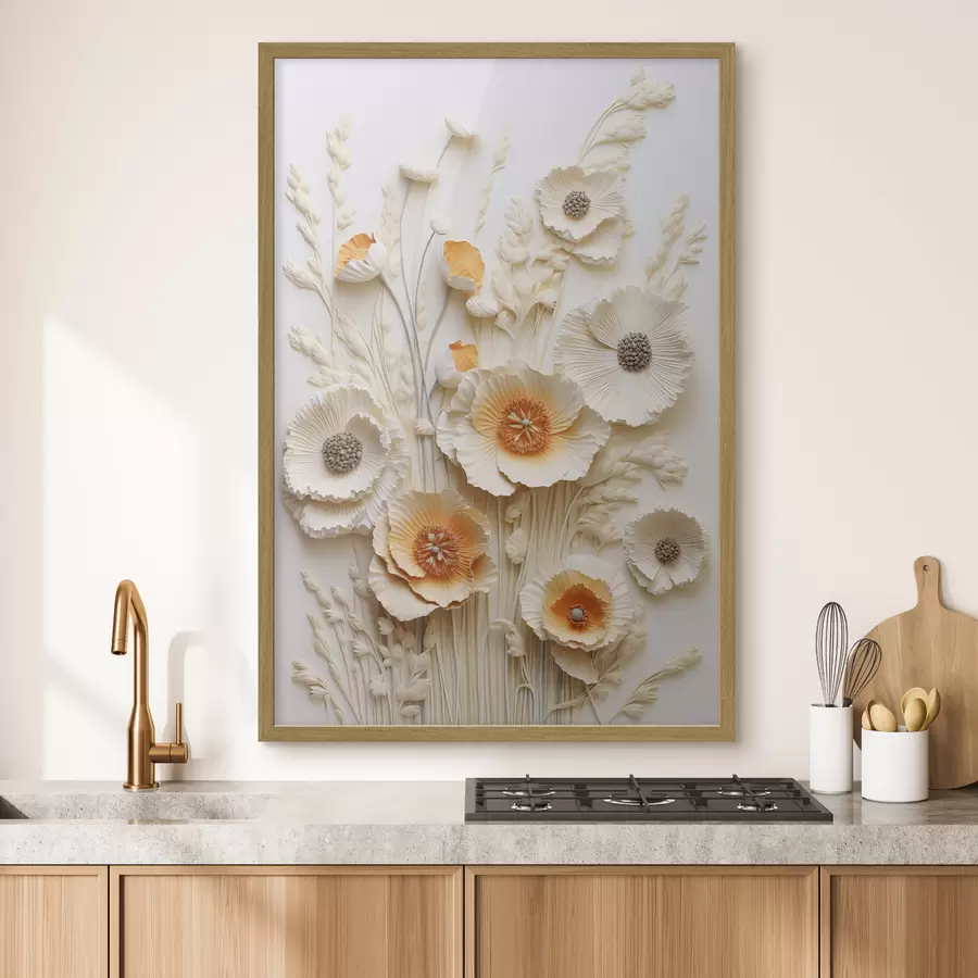 Fototapete Ein Strauß aus cremefarbenen und orangefarbenen Mohnblumen mit getrockneten Weizenhalmen f48747