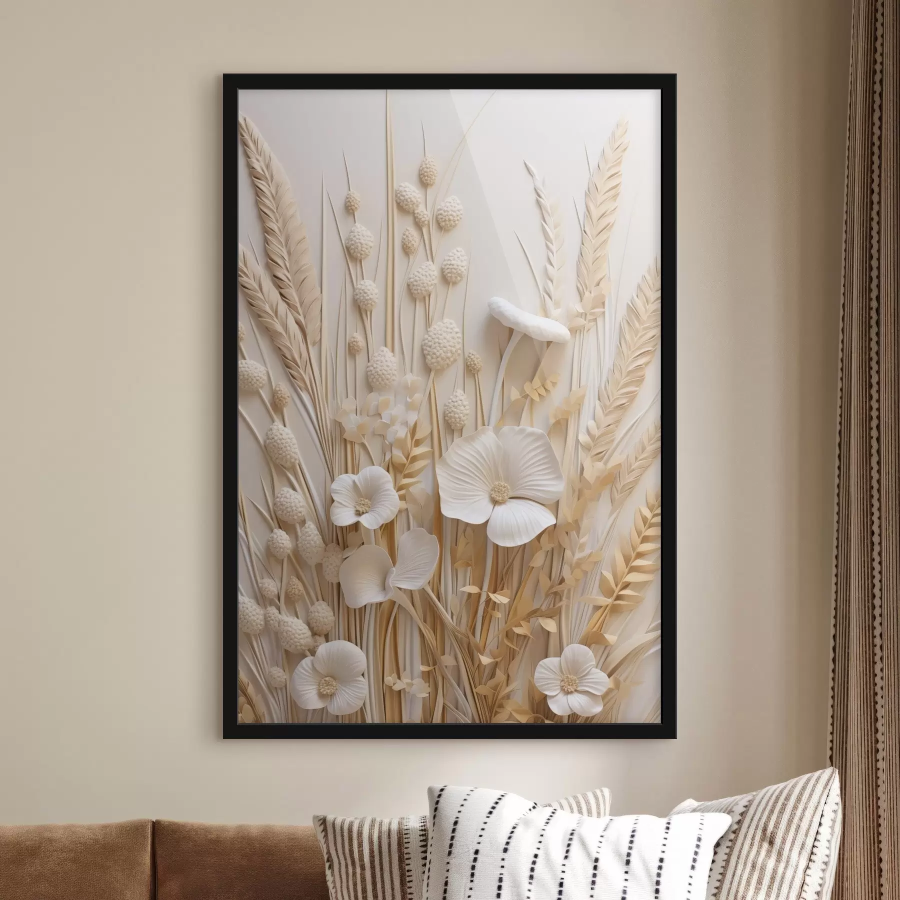 Fototapete Ein Strauß cremefarbener Mohnblumen mit getrockneten Weizenhalmen f48748